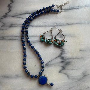 Gemstone jewelry bundle- lapis necklace and turqoise earrings